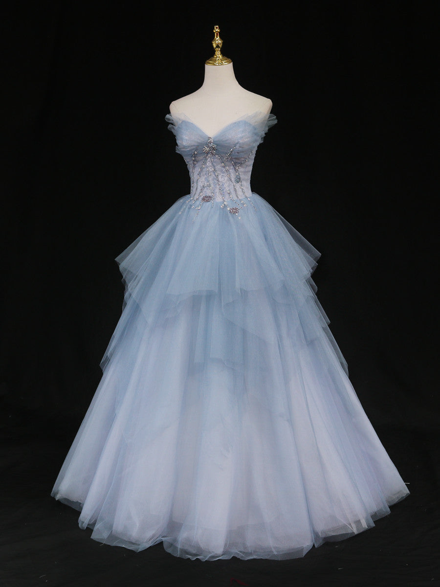 Blue A-Line Tulle Long Formal Prom Dresses, Blue Tulle Formal Graduation Dresses