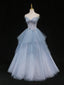 Blue A-Line Tulle Long Formal Prom Dresses, Blue Tulle Formal Graduation Dresses