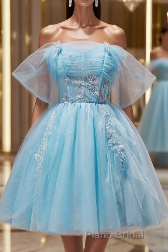 Blue A-line Tulle Short Formal Prom Dress, Blue Homecoming Dress Main image