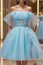 Blue A-line Tulle Short Formal Prom Dress, Blue Homecoming Dress