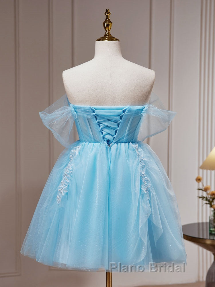 Blue A-line Tulle Short Formal Prom Dress, Blue Homecoming Dress