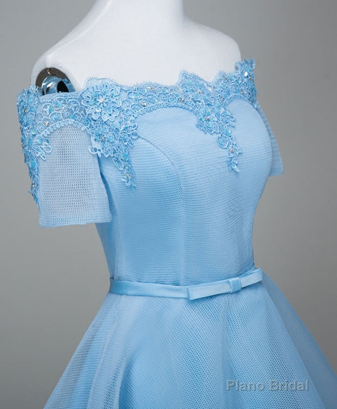 Blue A-Line Tulle Short Sleeve Lace Short Prom Dress, Blue Cute Homecoming Dress Secondary image