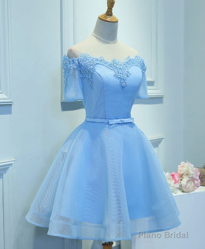 Blue A-Line Tulle Short Sleeve Lace Short Prom Dress, Blue Cute Homecoming Dress Main image