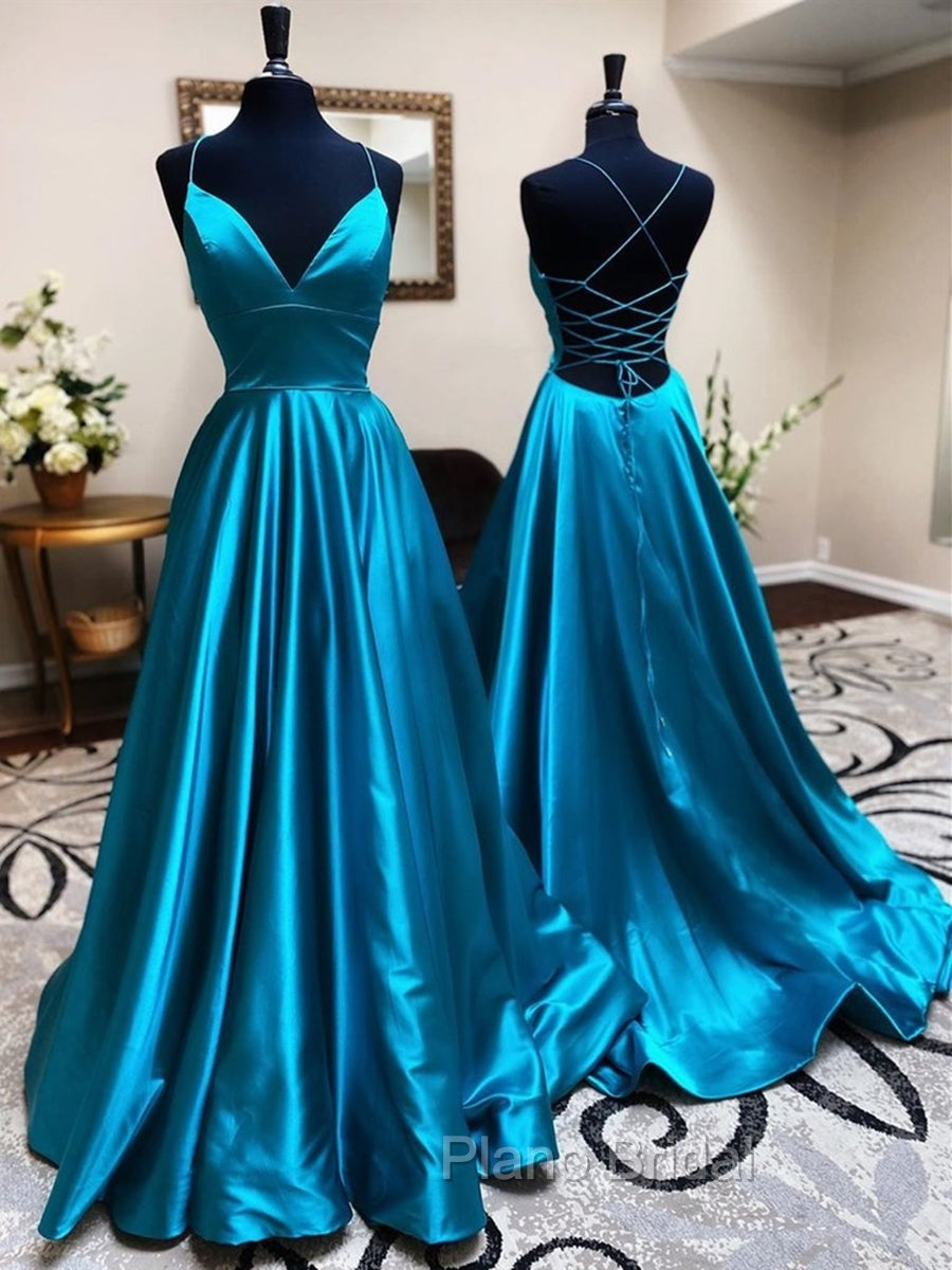 Blue A Line V Neck Backless Satin Long Formal Prom Dresses Open Back Formal Graduation Evening Gowns Secondary image