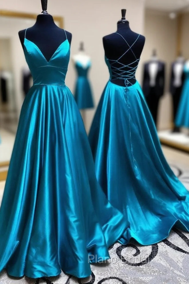 Blue A Line V Neck Backless Satin Long Formal Prom Dresses Open Back Formal Graduation Evening Gowns