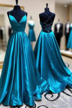 Blue A Line V Neck Backless Satin Long Formal Prom Dresses Open Back Formal Graduation Evening Gowns