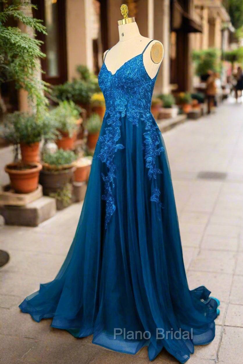 Blue A-line V Neck Formal Prom Dresses Spaghetti Straps Sweep Train Tulle Evening Dresses With Appliqued Secondary image