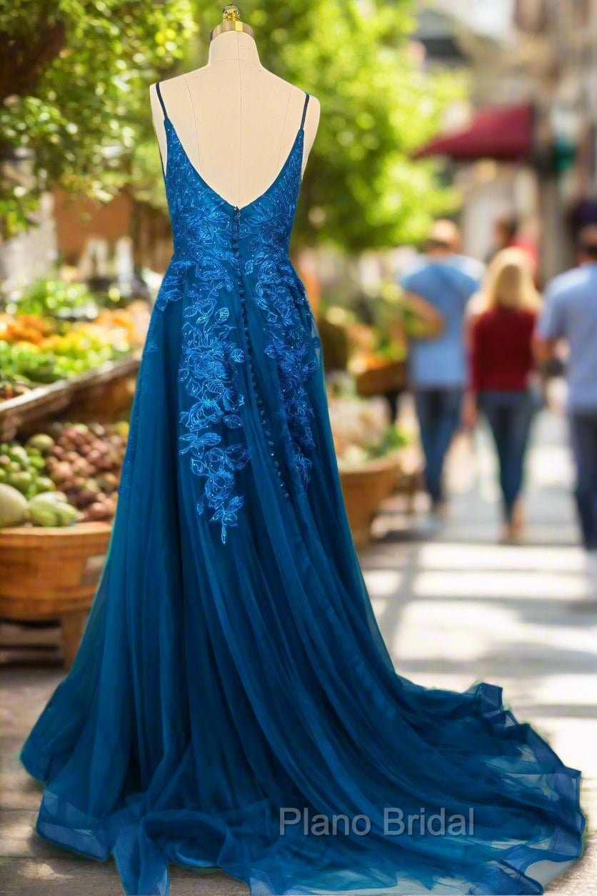 Blue A-line V Neck Formal Prom Dresses Spaghetti Straps Sweep Train Tulle Evening Dresses With Appliqued