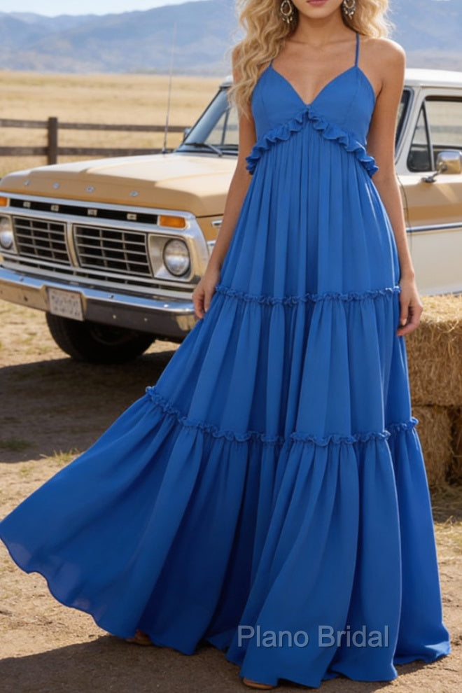 Blue A-line V Neck Sleeveless Floor-Length Chiffon Prom Dress Long Prom Dresses Backless with Pleated Ruffles