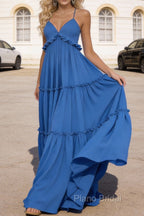 Blue A-line V Neck Sleeveless Floor-Length Chiffon Prom Dress Long Prom Dresses Backless with Pleated Ruffles