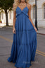 Blue A-line V Neck Sleeveless Floor-Length Chiffon Prom Dress Long Prom Dresses Backless with Pleated Ruffles