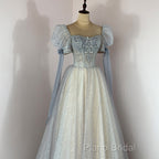 Blue And Champagne Tulle Beaded Shiny Tulle Formal Prom Dresses, A-Line Long Party Dresses