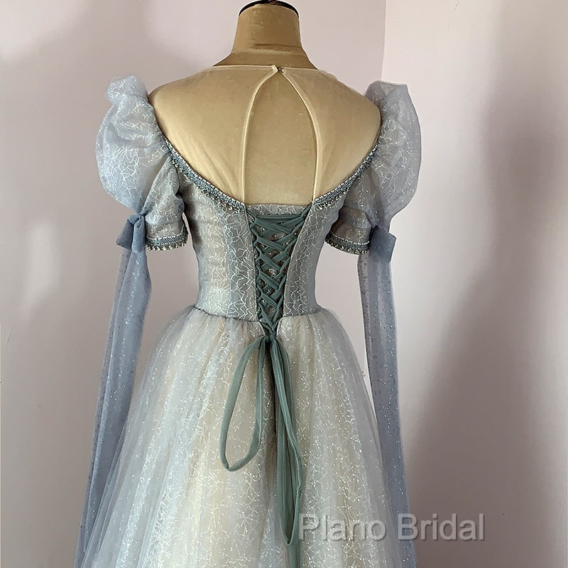 Blue And Champagne Tulle Beaded Shiny Tulle Formal Prom Dresses, A-Line Long Party Dresses