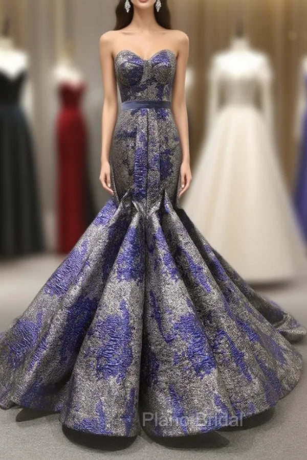 Blue And Gray Satin Mermaid Dresses Sweetheart Formal Prom Dresses With Pleats Main image