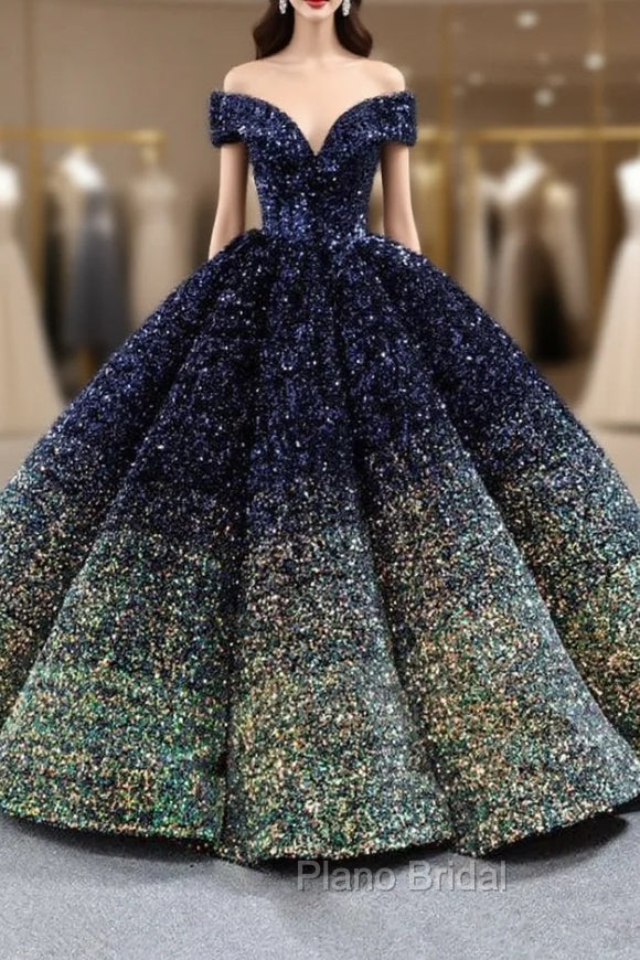 Blue And Green Sequins Off the Shoulder Formal Prom Dresses Main image