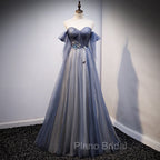 Blue and Grey Tulle Long Sweetheart Party Dresses, Tulle A-line Formal Dresses