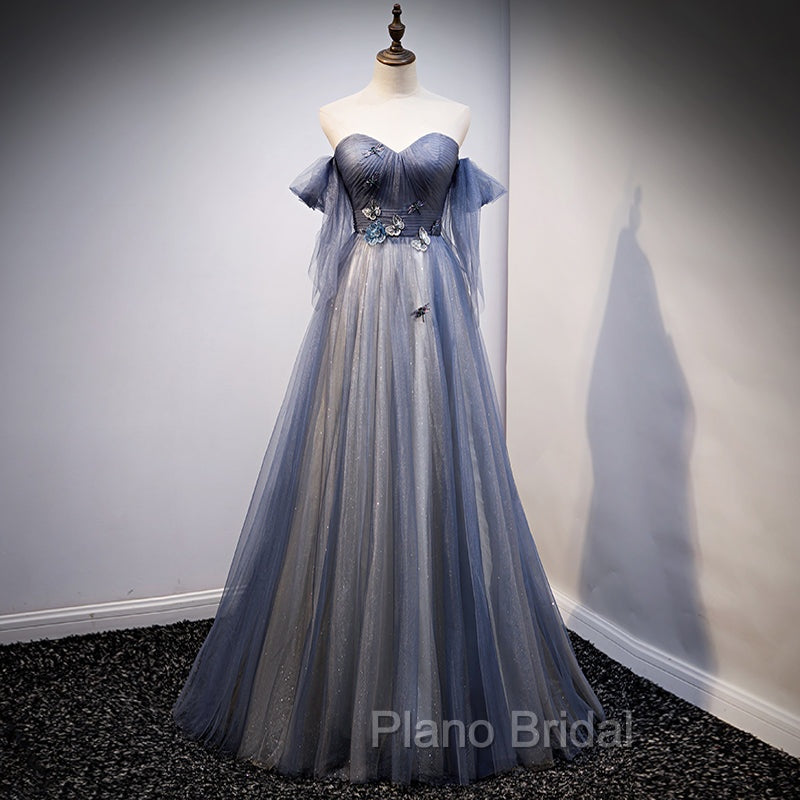 Blue and Grey Tulle Long Sweetheart Party Dresses, Tulle A-line Formal Dresses Secondary image