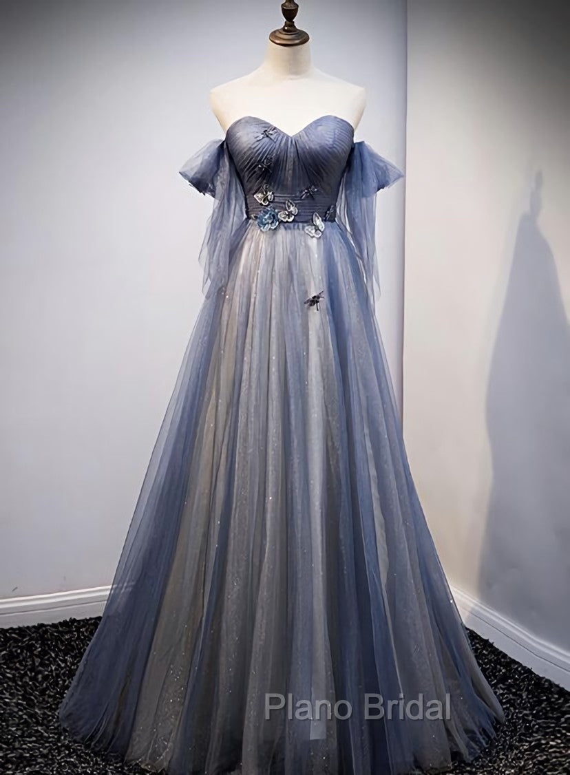 Blue and Grey Tulle Long Sweetheart Party Dresses, Tulle A-line Formal Dresses