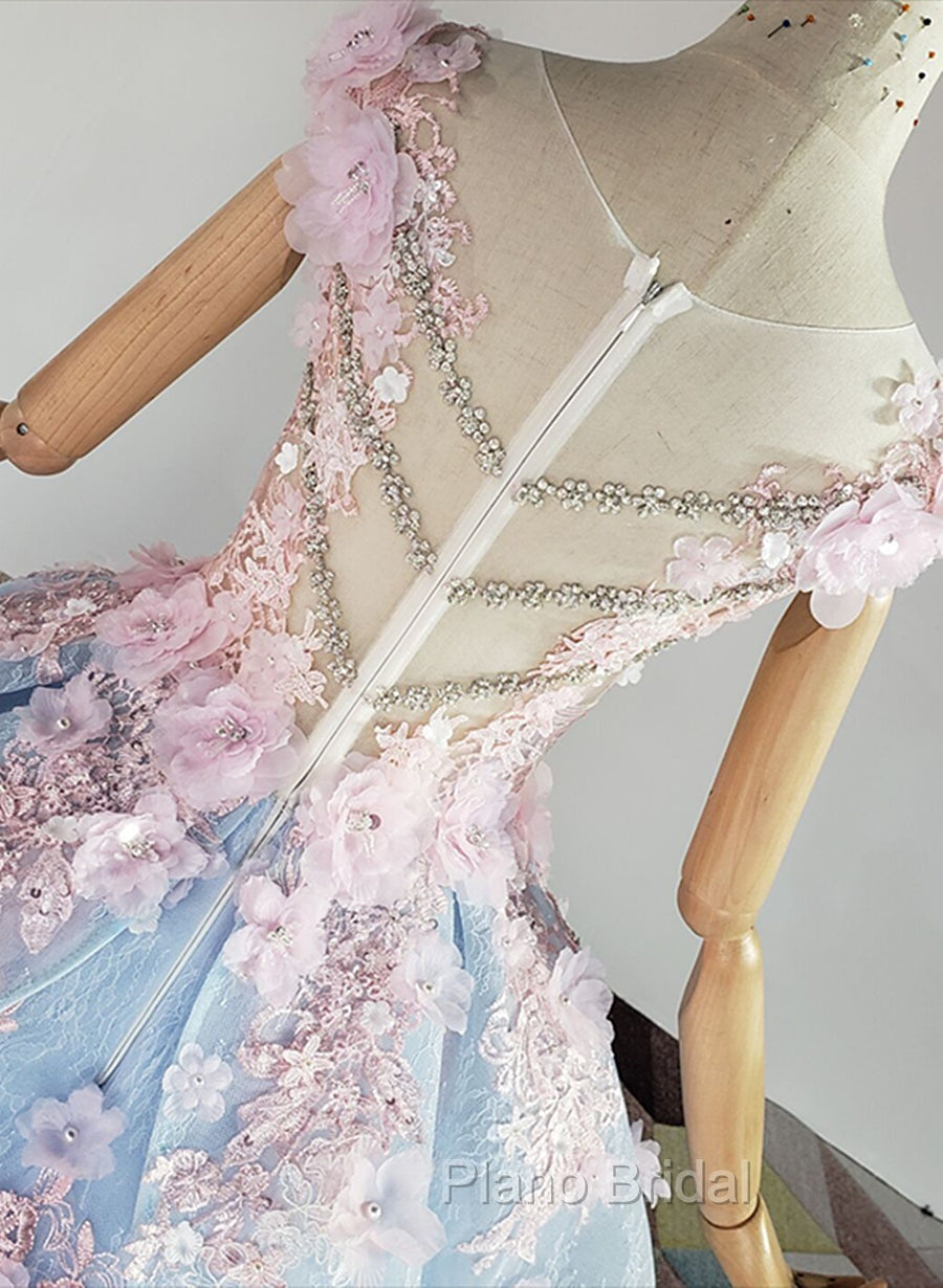 Blue and Pink Ball Gown Tulle with Flowers Sweet 16 Dresses, Blue Formal Dresses