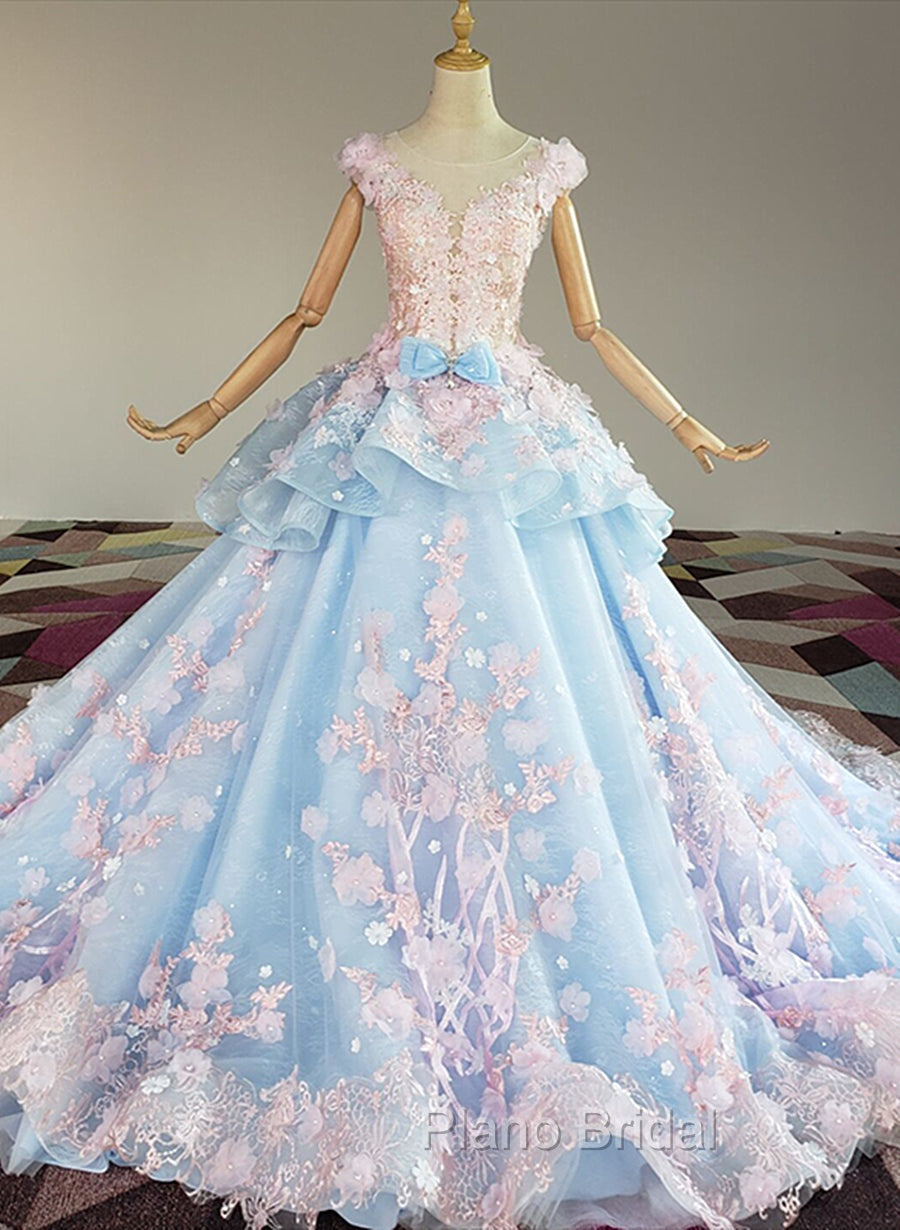 Blue and Pink Ball Gown Tulle with Flowers Sweet 16 Dresses, Blue Formal Dresses Secondary image