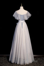 Blue And Pink Beaded Tulle Lovely A-Line Long Party Dresses, Tulle Formal Dresses Formal Prom Dresses