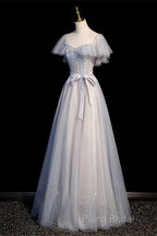 Blue And Pink Beaded Tulle Lovely A-Line Long Party Dresses, Tulle Formal Dresses Formal Prom Dresses