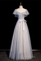 Blue And Pink Beaded Tulle Lovely A-Line Long Party Dresses, Tulle Formal Dresses Formal Prom Dresses