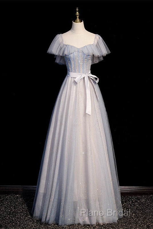 Blue And Pink Beaded Tulle Lovely A-Line Long Party Dresses, Tulle Formal Dresses Formal Prom Dresses