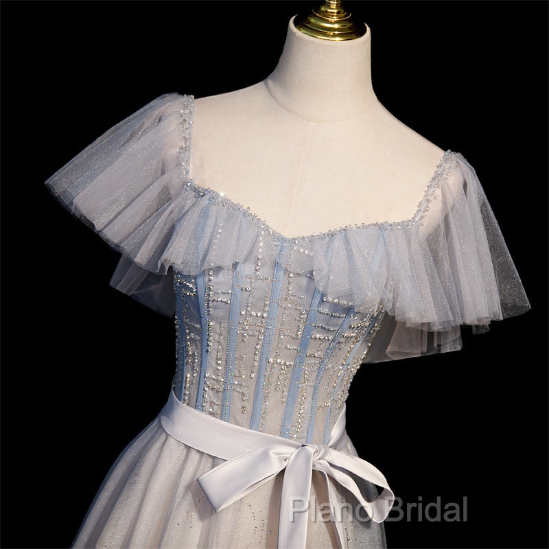 Blue And Pink Beaded Tulle Lovely A-Line Long Party Dresses, Tulle Formal Dresses Formal Prom Dresses