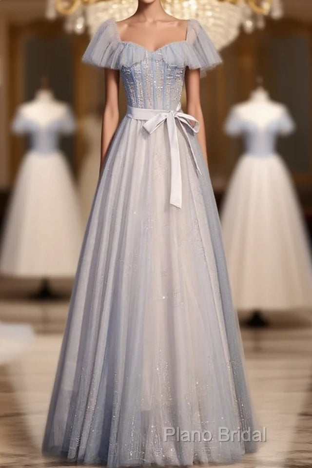 Blue And Pink Beaded Tulle Lovely A-Line Long Party Dresses, Tulle Formal Dresses Formal Prom Dresses