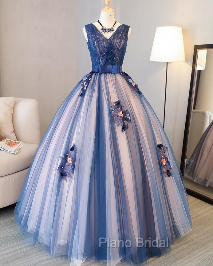 Blue and Pink Flower Lace Applique V-neckline Sweet 16 Gown, Floor Length Formal Dresses Secondary image