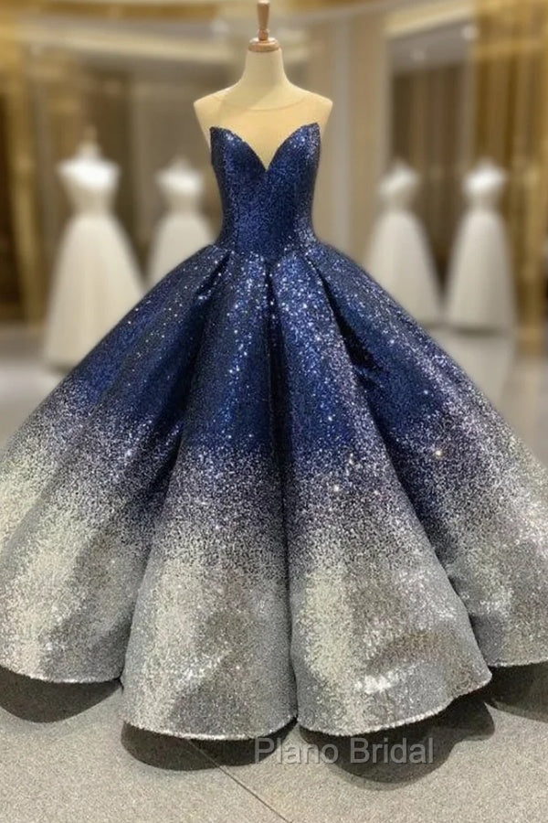 Blue And Silver Ball Gown Sequins Cap Sleeve Formal Prom Dresses Main image
