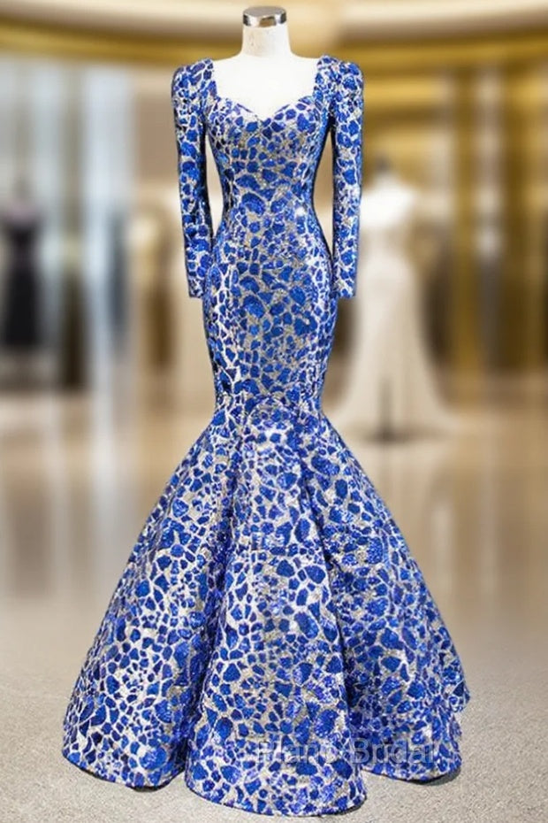 Blue And Silver Sequins Mermaid Long Sleeve Square Formal Prom Dresses Main image
