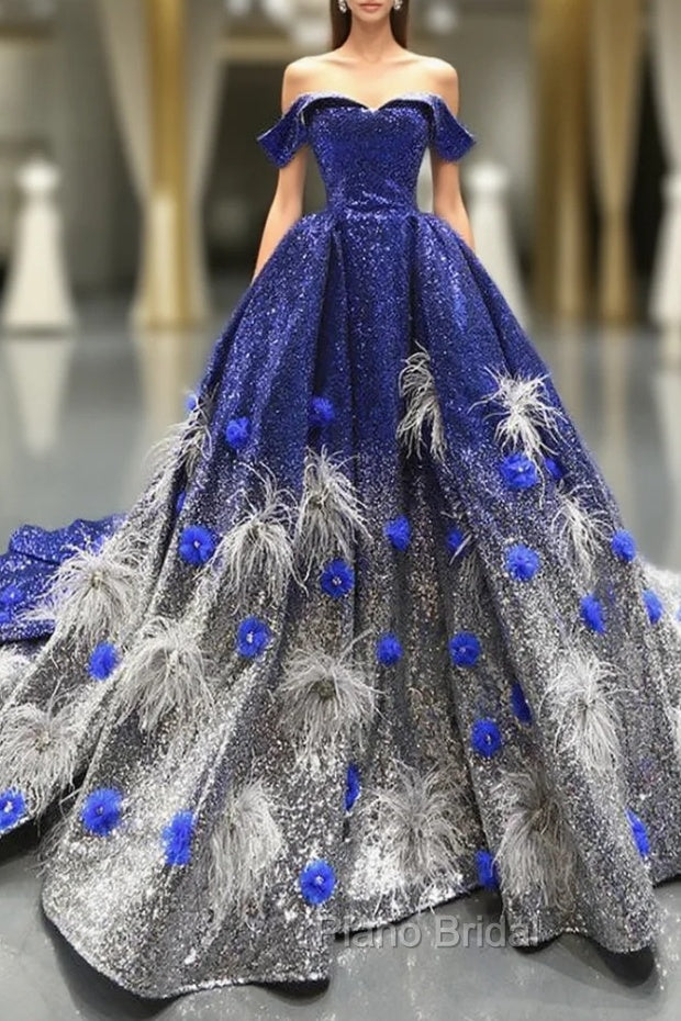 Blue And White Sequins Off The Shoulder Backless Appliques Haute Couture Formal Prom Dresses Main image