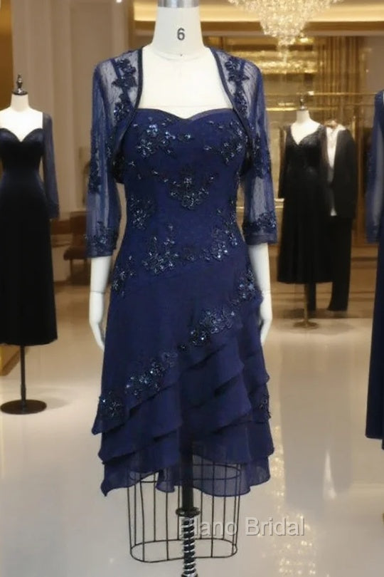 Blue Appliqued 3/4 Sleeve Knee Length Mother of the Bride Dresses With Jacket Main image