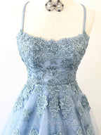 Blue Backless Lace Formal Prom Dresses, Open Back Blue Lace Formal Evening Graduation Dresses