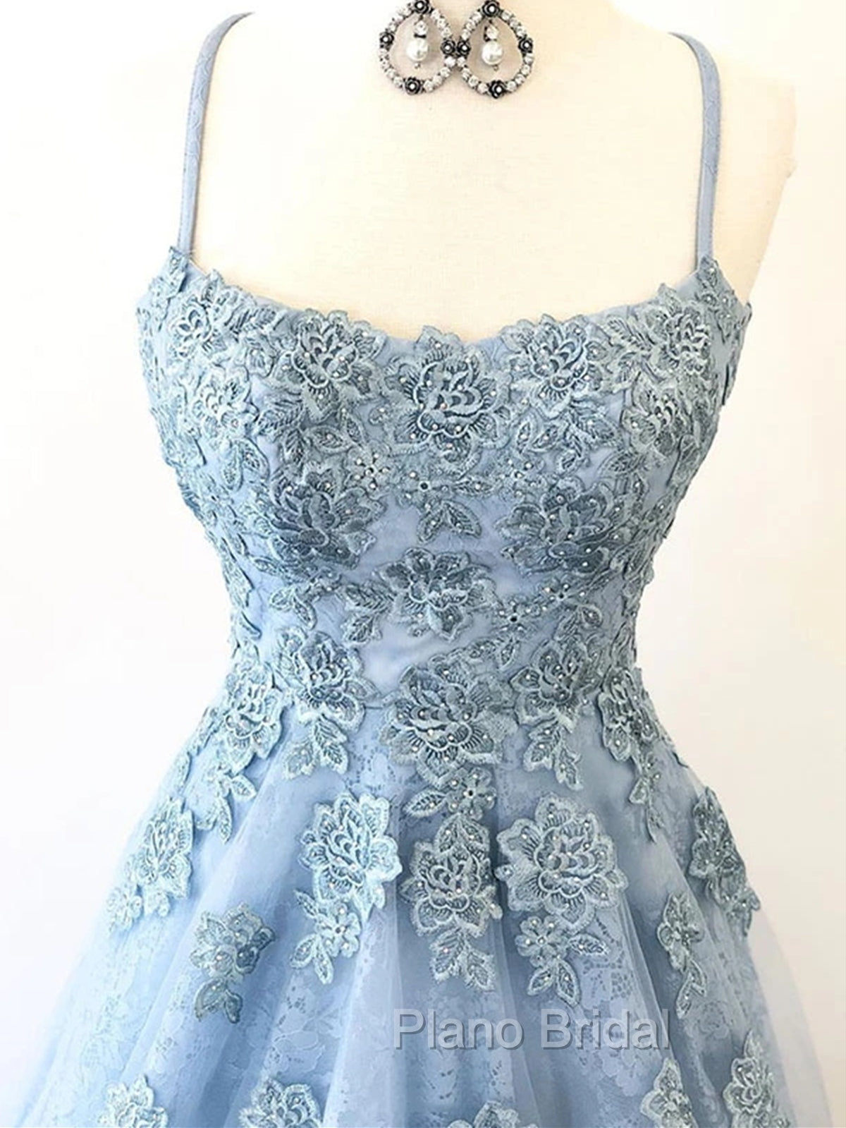 Blue Backless Lace Formal Prom Dresses, Open Back Blue Lace Formal Evening Graduation Dresses