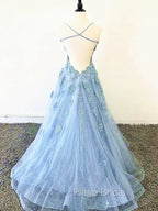 Blue Backless Lace Formal Prom Dresses, Open Back Blue Lace Formal Evening Graduation Dresses