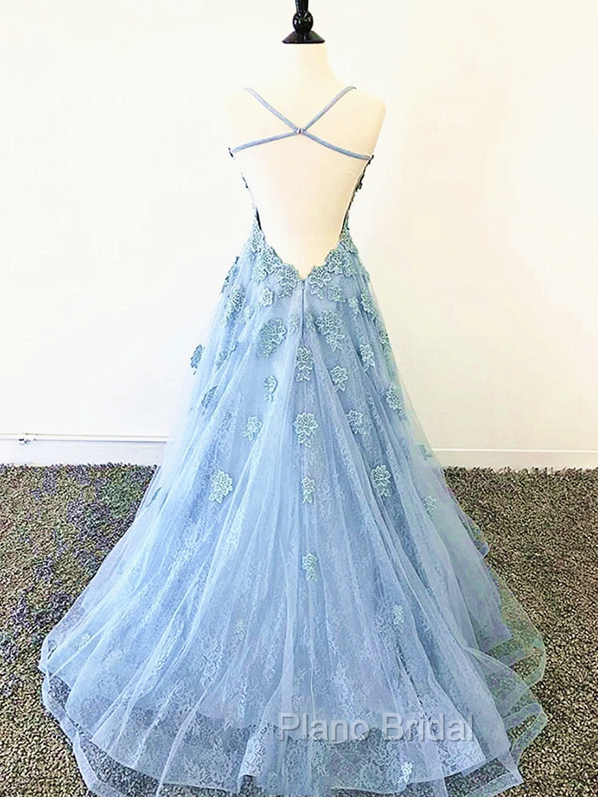 Blue Backless Lace Formal Prom Dresses, Open Back Blue Lace Formal Evening Graduation Dresses