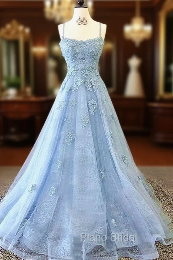 Blue Backless Lace Formal Prom Dresses, Open Back Blue Lace Formal Evening Graduation Dresses