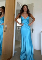 Blue Backless Mermaid Satin Long Formal Evening Formal Prom Dresses