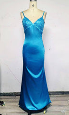 Blue Backless Mermaid Satin Long Formal Evening Formal Prom Dresses