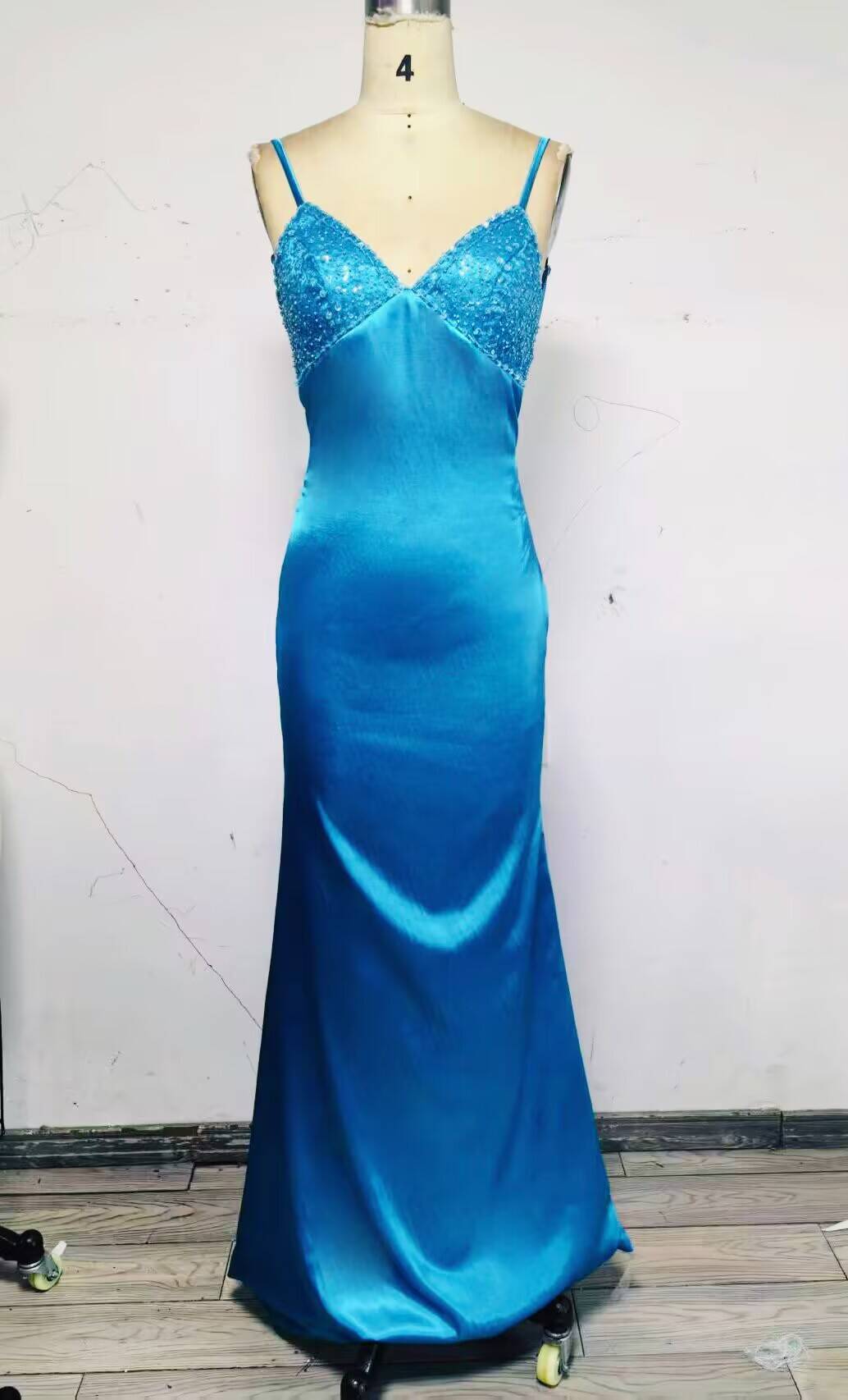Blue Backless Mermaid Satin Long Formal Evening Formal Prom Dresses