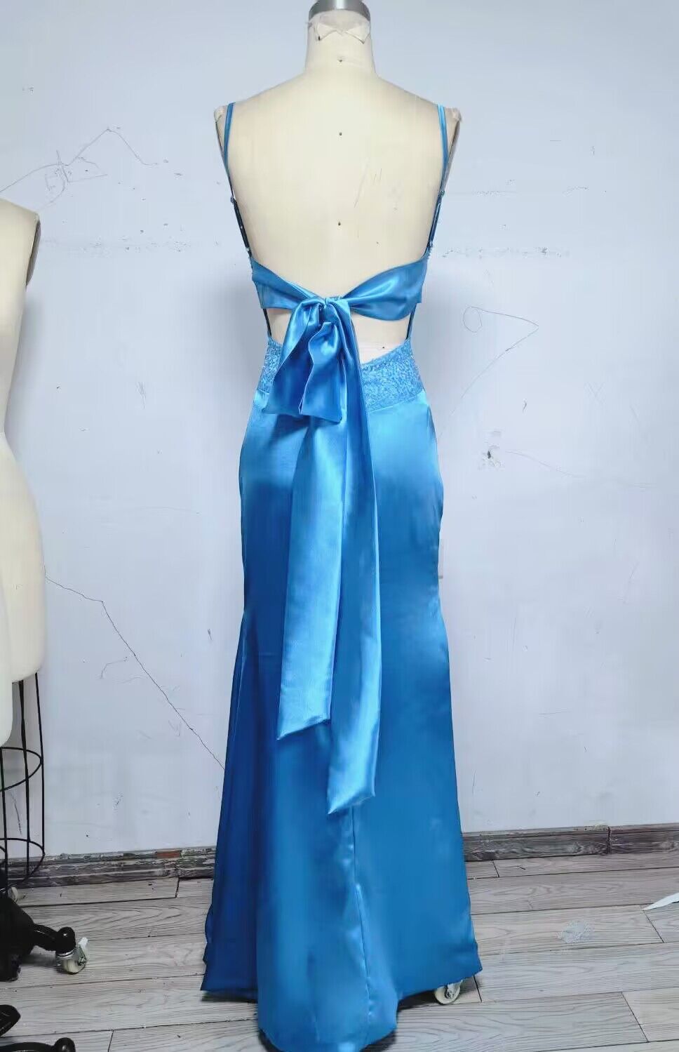 Blue Backless Mermaid Satin Long Formal Evening Formal Prom Dresses
