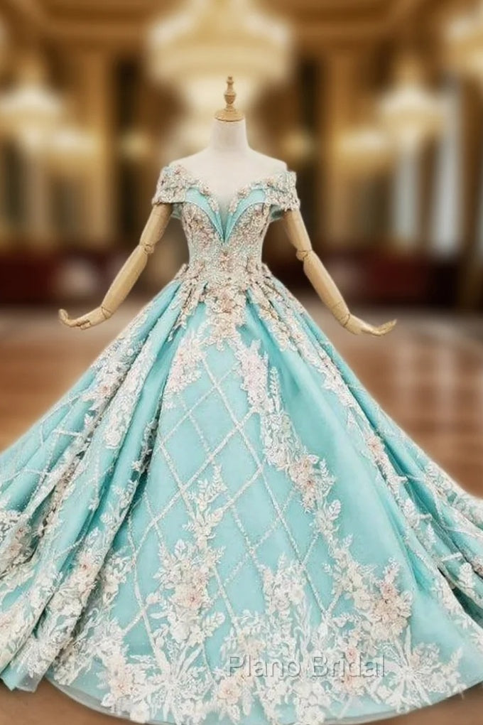 Blue Ball Gown Off the Shoulder Appliques Beading Formal Prom Dresses