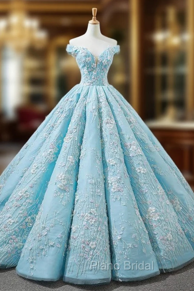 Blue Ball Gown Off The Shoulder Appliques Haute Couture Wedding Dresses