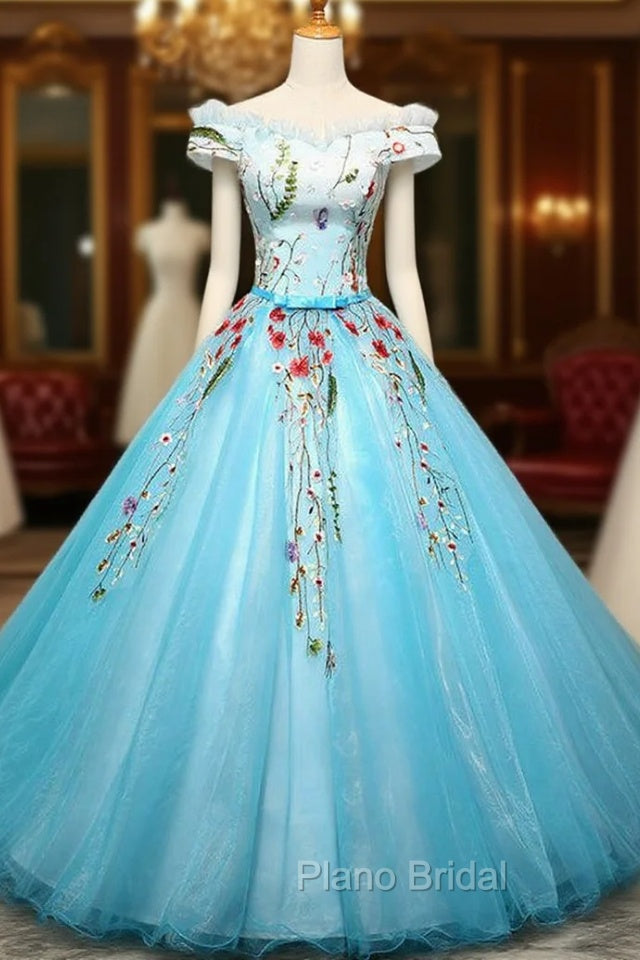 Blue Ball Gown Off The Shoulder Tulle Quinceanera Dresses Main image