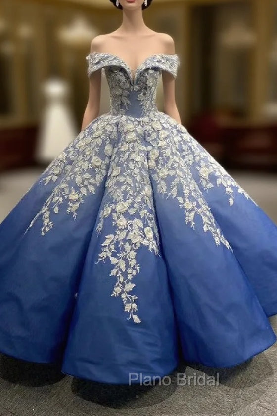 Blue Ball Gown Off the Shouler Appliques Formal Prom Dresses