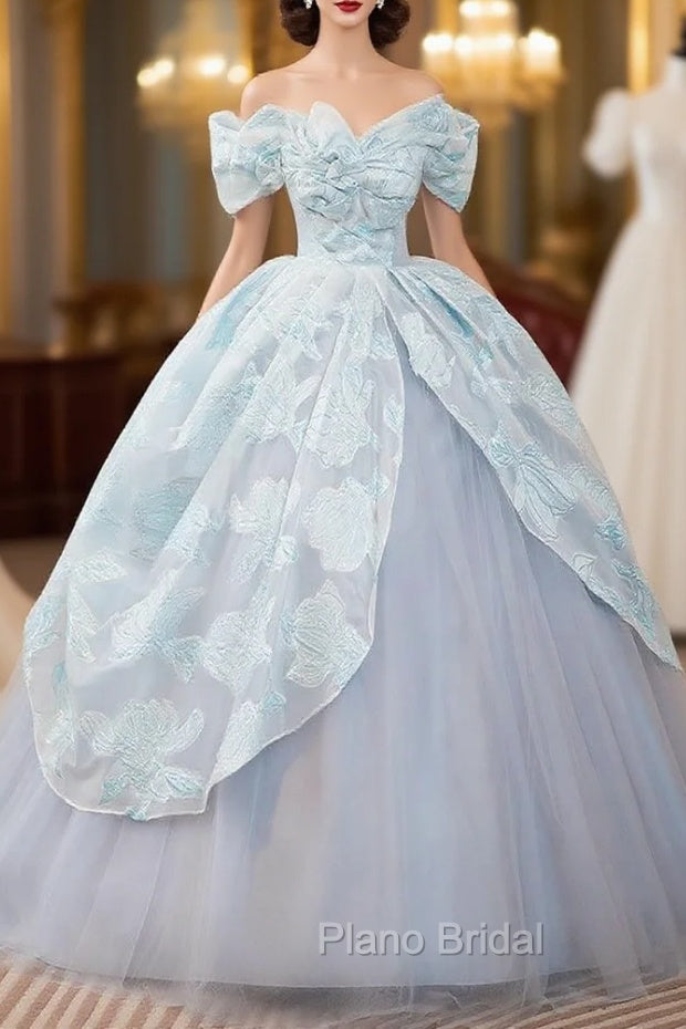 Blue Ball Gown Print Tulle Off the Shoulder Quinceanera Dresses Main image