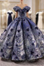 Blue Ball Gown Sequins Appliques Off the Shoulder Formal Prom Dresses